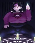 2024 absurd_res anthro black_hair candle catti_(deltarune) cleavage_cutout collar cutout deltarune domestic_cat felid feline felis female fur hair hi_res highlights_(coloring) holding_candle holding_object inverted_pentagram kneeling mammal occult_symbol overweight overweight_anthro overweight_female pentagram purple_highlights solo spiked_collar spikes summoning_circle sunilasu symbol undertale_(series) white_body white_fur yellow_sclera