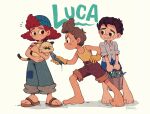  1girl 2boys alberto_scorfano amazou barefoot bucket cat commentary_request copyright_name dark-skinned_male dark_skin fish giulia_marcovaldo highres luca_(pixar) luca_paguro multiple_boys pixar red_hair sandals sweat teeth white_background 