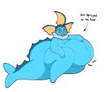 ambiguous_gender anthro belly big_belly blep blue_body digital_media_(artwork) eeveelution english_text eyelashes generation_1_pokemon hi_res liquid_inflation navel nintendo onomatopoeia overweight overweight_anthro pokemon pokemon_(species) simple_background smile solo sound_effects spiral_eyes swallowpancakes tail text thick_tail thick_thighs tongue tongue_out vaporeon water_inflation