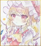  1girl ascot bat_wings blonde_hair crystal flandre_scarlet hat hat_ribbon hiyuu_(hiyualice) mob_cap multicolored_wings one_side_up puffy_short_sleeves puffy_sleeves red_eyes red_vest ribbon short_sleeves side_ponytail skirt skirt_set solo star_(symbol) touhou traditional_media vest white_hat wings yellow_ascot 