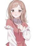  1girl blush brown_hair cable_knit highres idolmaster idolmaster_shiny_colors long_sleeves looking_ahead medium_hair red_sweater sakuragi_mano shirt simple_background smile solo sweater upper_body white_background white_shirt yumeme_818 