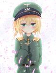  absurdres aqua_eyes bangs belt belt_buckle blonde_hair blush buckle buttons cherry_blossoms coat commentary_request cross emblem eyebrows_visible_through_hair falling_petals green_coat hair_between_eyes hat highres jewelry long_sleeves looking_away messy_hair military military_hat military_uniform oversized_clothes pendant petals ponytail pout sleeves_past_wrists solo sweatdrop tanya_degurechaff uniform yamiarisu youjo_senki 