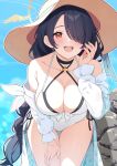  1girl ass_visible_through_thighs bent_over black_choker black_hair blue_archive blush breasts choker cleavage collarbone hair_over_one_eye halo hand_on_own_thigh hat hinata_(blue_archive) large_breasts long_hair long_sleeves one-piece_swimsuit outdoors red_eyes rin_ateria smile solo swimsuit thighs 