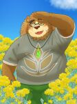  2024 absurd_res anthro bear belly big_belly bottomwear brown_body brown_fur clothing eyewear flower fur glasses hat headgear headwear hi_res humanoid_hands kemono lifewonders male mammal one_eye_closed overweight overweight_male pants plant shirt solo straw_hat tokyo_afterschool_summoners topwear volos_(tas) yaki_atsuage 