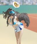  absurdres animal_ears black_fur black_hair blue_archive blue_eyes blurry blurry_background blush breasts cleavage commentary_request dog_ears dog_girl dog_tail fingerless_gloves frown gloves goggles goggles_on_head grabbing_own_tail hibiki_(blue_archive) hibiki_(cheer_squad)_(blue_archive) highres korean_commentary large_breasts leaning_forward midfinger outdoors pleated_skirt pom_pom_(cheerleading) sidelocks skirt speech_bubble standing tail white_gloves white_skirt 