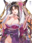  1girl black_horns breasts center_opening commentary cowboy_shot fate/extra fate/extra_ccc fate/grand_order fate_(series) floral_print flower forehead_tattoo groin hair_ornament hairpin hands_up highres holding horn_ornament horn_ring horns japanese_clothes kimono kimono_partially_removed large_breasts long_hair multicolored_horns multiple_hairpins naked_kimono obi obijime open_mouth parted_bangs pink_flower pink_horns poppoman print_kimono purple_kimono sash sessyoin_kiara simple_background solo tassel two-tone_horns very_long_hair white_background white_sash white_veil wide_sleeves yellow_eyes yellow_tassel 