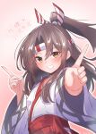  702_(naotsu) absurdres anniversary brown_eyes copyright_name grey_hair grin hakama headband highres index_finger_raised japanese_clothes kantai_collection kimono long_hair red_hakama smile striped_headband upper_body white_kimono wide_sleeves zuihou_(kancolle) 