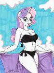 absurd_res bikini breasts cleavage clothed clothing cloud equid equine friendship_is_magic fur green_eyes hasbro hi_res horn mammal my_little_pony mythological_creature mythological_equine mythology newyorkx3 open_mouth open_smile sea sky smile sweetie_belle_(mlp) swimwear towel unicorn water white_body white_fur