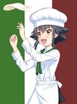  :d apron bangs black_skirt blush braid brown_eyes chef_hat commentary_request cowboy_shot double-breasted dough eyebrows_visible_through_hair flag_background flipped_hair food girls_und_panzer hair_tie hat highres italian_flag long_sleeves open_mouth pepperoni_(girls_und_panzer) ruka_(piyopiyopu) shirt short_hair single_braid skirt smile solo standing striped striped_background tossing v-shaped_eyebrows vertical-striped_background vertical_stripes waist_apron white_apron white_hat white_shirt 