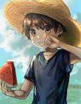  1boy blurry blurry_background brown_eyes brown_hair child commentary day food fruit hat highres holding holding_food kanasun12_30 male_focus original shirt short_hair short_sleeves sky solo straw_hat symbol-only_commentary t-shirt upper_body watermelon watermelon_slice wiping_face 