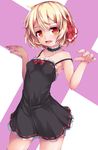  bare_arms bare_shoulders black_dress blonde_hair breasts choker collarbone commentary_request contrapposto dress fang frilled_dress frills hair_ribbon looking_at_viewer no_bra red_eyes ribbon ribbon_trim rumia short_dress small_breasts smile solo spaghetti_strap standing strap_slip thighs touhou uumaru 