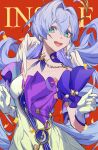  1girl aqua_eyes bare_shoulders dress english_text floating_hair gloves hair_between_eyes halo head_wreath highres honkai:_star_rail honkai_(series) hst_426 long_hair looking_at_viewer open_mouth purple_dress purple_hair red_background robin_(honkai:_star_rail) short_sleeves simple_background smile teeth two-tone_dress upper_teeth_only white_dress white_gloves white_wings wings wrist_cuffs 