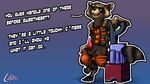  animal_genitalia anthro balls clothed clothing dialogue english_text guardians_of_the_galaxy lapatte male mammal marvel pants_down partially_clothed penis raccoon rocket_raccoon sheath solo tapering_penis text weapon 