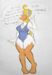 anatid anseriform anthro avian beak big_breasts bird blue_clothing blue_eyes blush blush_lines breasts chest_tuft clothing curvy_figure doodlebunnyart duck eyelashes female fluffy fluffy_tail hand_on_head head_tuft heart_symbol hi_res knees_together looking_away markings multicolored_body one-piece_swimsuit open_mouth orange_beak orange_body simple_background smile solo standing swimwear tail text thick_thighs tiptoes tuft whistle_(object) whistle_around_neck white_background white_body yellow_body