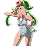  :d apron aqua_eyes arm_up armpits bangs bare_shoulders breasts danpu dark_skin flower green_hair hair_flower hair_ornament hand_on_hip highres ladle leaning_forward looking_at_viewer mao_(pokemon) medium_breasts open_mouth overalls pink_shirt pokemon pokemon_(game) pokemon_sm salute shiny shiny_skin shirt simple_background sleeveless sleeveless_shirt smile solo swept_bangs trial_captain twintails two-finger_salute white_background 