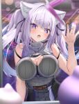 1girl absurdres against_glass animal_ear_fluff animal_ears arcade bare_shoulders belt black_ribbon black_shirt black_skirt blurry blurry_background blurry_foreground blush breast_press breasts breasts_on_glass cat_ears cat_girl chest_harness cleavage_cutout clothing_cutout commentary_request hair_ribbon harness highres hololive large_breasts long_hair nekomata_okayu nekomata_okayu_(8th_costume) official_alternate_costume purple_eyes purple_hair ribbon shirt skirt sleeveless sleeveless_shirt solo stuffed_toy torakichi_888 twintails virtual_youtuber 