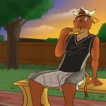 anthro backwards_baseball_cap backwards_hat baseball_cap bench bottomwear bovid bovine cattle clothed clothing eating eating_food evening food fully_clothed furgonomic_headwear fuze hat headgear headwear hi_res hot_dog male mammal on_bench outside shirt shorts sitting sitting_on_bench solo tank_top texnatsu topwear ty_conrad