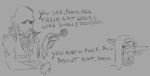 2024 anon_(snoot_game) anthro bald beard black_and_white cavemanon_studios dialogue dinosaur dumetummy69 duo english_text facial_hair fang_(gvh) female goodbye_volcano_high hair human long_hair male mammal monochrome profanity pterodactylus pterosaur reptile scalie sketch snoot_game snout text tobacco_pipe