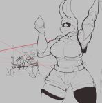  2023 absurd_res anthro boomjack_(themercart) bottomwear breasts bulging_thighs chain clothing digital_drawing_(artwork) digital_media_(artwork) domino_mask female front_view gem grey_background hi_res holding_gem holding_object lagomorph laser leg_strap leporid mammal mask mouth_closed muscular muscular_anthro muscular_female narrowed_eyes police police_officer rabbit raised_arm shorts side_profile simple_background smile solo themercart thick_thighs thief tight_clothing wide_hips 