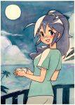  1girl aqua_shirt balcony blue_eyes blue_hair border cloud coffee_mug cup dark_blue_hair english_commentary falling_petals fei_(bell_fei) hair_between_eyes highres hinata_aki holding holding_cup inset_border keroro_gunsou looking_at_viewer moon mug night night_sky ocean open_mouth painting_(medium) palm_tree petals ponytail purple_petals red_lips round_eyewear shirt short_sleeves shorts sidelocks sky solo star_(sky) starry_sky traditional_media tree water watercolor_(medium) white_border white_shorts 