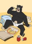 2024 anthro bear belly black_body black_nose bulge can clothing container eating food heyitscousindave hi_res male mammal overweight overweight_male pizza pizza_box pizza_slice sitting solo underwear