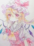  1girl absurdres ascot bat_wings blonde_hair crystal flandre_scarlet hat hat_ribbon highres hiyuu_(hiyualice) mob_cap multicolored_wings one_side_up puffy_short_sleeves puffy_sleeves red_eyes red_skirt red_vest ribbon short_sleeves side_ponytail skirt skirt_set touhou traditional_media vest white_hat wings yellow_ascot 