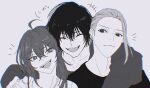  1girl 2boys absurdres ahoge akao_rion amayoa black_hair highres monochrome multiple_boys nagumo_(sakamoto_days) sakamoto_days sakamoto_taro simple_background smile 