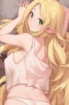  1girl arm_up bare_arms bare_shoulders blonde_hair breasts camisole commentary dakimakura_(medium) dungeon_meshi elf english_commentary green_eyes highres iwbitu large_breasts long_hair looking_at_viewer lying marcille_donato on_stomach panties pointy_ears see-through_silhouette smile solo underwear upper_body very_long_hair white_camisole white_panties 