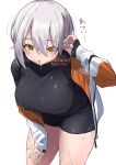  adjusting_hair black_bodysuit bodysuit breasts cowboy_shot dripping grey_hair hand_on_own_thigh headset highres jacket leaning_forward long_bangs looking_down medium_breasts multicolored_clothes multicolored_jacket nishisaki_fuyuka open_clothes open_jacket orange_eyes orange_jacket original short_hair short_hair_with_long_locks showhey!! simple_background thighs two-tone_jacket wet white_background white_jacket 