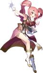  armor armpits bangs blush book boots breastplate cape capelet eyebrows_visible_through_hair fire_emblem fire_emblem_echoes:_mou_hitori_no_eiyuuou fire_emblem_heroes full_body gloves highres holding long_hair mae_(fire_emblem) matsui_hiroaki official_art open_mouth overskirt pelvic_curtain pink_hair red_eyes solo tiara transparent_background twintails white_gloves 