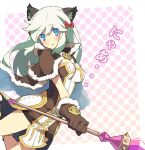  1girl animal_ears blue_eyes blush bow breasts brown_cape brown_dress brown_gloves cape cat_ears cat_girl commentary_request dress expressionless feet_out_of_frame fur-trimmed_cape fur-trimmed_gloves fur_trim gloves hair_between_eyes hair_bow high_wizard_(ragnarok_online) holding holding_staff jumping long_hair looking_at_viewer medium_bangs medium_breasts open_mouth pink_background polka_dot polka_dot_background ragnarok_online red_bow short_dress solo staff tanaka_(cow) translation_request two-tone_dress white_dress white_hair 