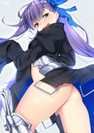  ass bad_anatomy blue_eyes blush bottomless cloak eyebrows_visible_through_hair fate/extra fate/extra_ccc fate_(series) from_below from_side greaves grey_background hair_ribbon highres jacket long_hair looking_back meltlilith nebusoku open_clothes open_jacket purple_hair ribbon simple_background sleeves_past_wrists solo thighhighs turtleneck wavy_mouth 