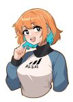  1girl :d adidas black_eyes blue_hair brand_name_imitation colored_inner_hair commentary english_commentary highres maidcousin multicolored_hair nail_polish open_mouth orange_hair original outline raglan_sleeves short_hair smile sweater teeth white_background 