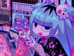  1girl :d bandaid bandaid_on_hand black_eyes black_hair black_nails black_shirt blue_hair blunt_bangs calendar_(object) character_doll collar cup dot_nose drawing_tablet drinking_straw earrings hair_ornament highres hiiragi_kagami hiiragi_tsukasa holding holding_cup holding_stylus jewelry list long_hair looking_at_viewer lucky_star manga_(object) monitor multicolored_hair neon_palette original outline poster_(object) print_shirt ramdaram red_collar red_nails shirt short_twintails skull_hair_ornament smile solo spiked_collar spikes spotify star_(symbol) streaked_hair stylus tongue tongue_out twintails white_outline 