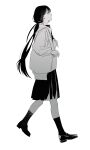  1girl absurdres black_serafuku closed_mouth expressionless greyscale highres hogi_(user_kvsm8422) hood hood_down hoodie inabakumori jitome long_hair long_sleeves low_twintails monochrome neckerchief open_clothes open_hoodie osage_(nukunuku_nigirimeshi) pleated_skirt school_uniform serafuku shoes simple_background skirt socks solo teeth twintails walking white_background 