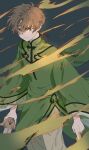  1boy brown_eyes brown_hair cardcaptor_sakura chinese_clothes coat earrings fire green_coat highres holding holding_sword holding_weapon jewelry li_syaoran looking_at_viewer male_focus rii2a77ru serious short_hair solo sword tassel tassel_earrings weapon 