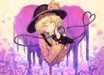  ^_^ bionekojita black_hat bow closed_eyes eyeball flower green_hair grin hat heart heart_of_string komeiji_koishi long_sleeves paint_on_clothes paint_on_face rose shirt short_hair smile solo third_eye touhou yellow_bow yellow_shirt 