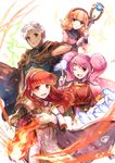  3girls arm_guards bangs bird boey_(fire_emblem) breastplate brown_eyes cape celica_(fire_emblem) circlet curly_hair dark_skin dark_skinned_male detached_collar earrings fingerless_gloves fire fire_emblem fire_emblem_echoes:_mou_hitori_no_eiyuuou fire_emblem_heroes gloves hair_ornament hairband highres jenny_(fire_emblem) jewelry long_hair mae_(fire_emblem) multiple_girls one_eye_closed open_mouth pink_hair red_eyes red_hair simple_background sparkle staff tiara twintails white_background white_hair yukimiyuki 