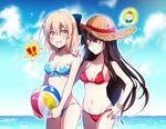  2girls :d :o adapted_costume ahoge ball bangle bangs bare_arms bare_shoulders beachball bikini black_bow black_hair blonde_hair blue_bikini blue_ribbon blue_sky blush bow bracelet breasts brown_hat cleavage cloud collarbone commentary_request cowboy_shot day fate_(series) front-tie_bikini front-tie_top hair_between_eyes hair_bow hand_on_another's_shoulder hand_on_hip hat hat_ribbon holding holding_ball horizon index_finger_raised jewelry koha-ace long_hair looking_at_viewer medium_breasts midriff multiple_girls navel oda_nobunaga_(fate) okita_souji_(fate) okita_souji_(fate)_(all) open_mouth outdoors piroya_(shabushabu) red_bikini red_eyes red_ribbon ribbon shaved_ice short_hair sketch sky smile sparkle spoken_exclamation_mark spoken_food standing strapless strapless_bikini straw_hat swimsuit v-shaped_eyebrows water yellow_eyes 