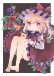  1girl apple barefoot bat_wings blonde_hair cherry flandre_scarlet food frilled_shirt_collar frilled_sleeves frills fruit full_body grapes hat hat_ribbon hiyuu_(hiyualice) mob_cap multicolored_wings one_side_up puffy_short_sleeves puffy_sleeves red_eyes red_skirt ribbon short_hair short_sleeves side_ponytail skirt skirt_set solo touhou white_hat wings 