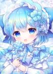  1girl :d blue_bow blue_eyes blue_flower blue_hair blue_hairband blue_sky blurry blurry_background bow cirno coa_(chroo_x) commentary_request depth_of_field flower frilled_bow frills hair_between_eyes hair_bow hair_flower hair_ornament hairband holding holding_flower long_sleeves looking_at_viewer purple_flower skirt sky sleeves_past_wrists smile snowflakes solo striped_bow suspender_skirt suspenders touhou upper_body 