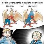  1boy 2girls :d armor blonde_hair blue_pants blue_robe blush breastplate chimera choker claws commentary denim dungeon_meshi elf emphasis_lines english_commentary falin_touden falin_touden_(chimera) feathered_wings full_body highres if_a_dog_wore_pants_(meme) jeans laios_touden looking_at_another marcille_donato meme multiple_girls pants pointy_ears radiantraptor red_choker robe smile speech_bubble twitter_username white_wings wings yellow_eyes 