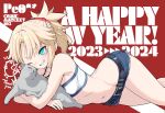  1girl 2023 2024 aqua_eyes bandeau blonde_hair breasts cat commentary_request denim denim_shorts fate/apocrypha fate_(series) hair_ornament hair_scrunchie happy_new_year highres micro_shorts mordred_(fate) mordred_(memories_at_trifas)_(fate) mozu_(peth) navel one_eye_closed ponytail red_scrunchie scrunchie shorts small_breasts smile solo 