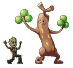  full_body gen_2_pokemon groot guardians_of_the_galaxy hands_up highres marvel metalmorag no_humans open_mouth pokemon pokemon_(creature) red_eyes smile standing sudowoodo trait_connection transparent_background 