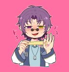  1boy absurdres blue_shirt blush commentary_request folding_fan hand_fan heart heterochromia highres holding holding_fan jacket jewelry koruri456 looking_at_viewer mahjong_soul mahjong_tile male_focus medium_bangs necklace nose_blush open_mouth parted_bangs penetration_gesture pince-nez pink_background purple_eyes purple_hair round_eyewear shirt short_hair simple_background smile solo sunglasses upper_body white_jacket yellow_eyes yuan_feng 