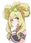  1girl alternate_hairstyle bare_shoulders blonde_hair blush bow celine_(fire_emblem) commentary fire_emblem fire_emblem_engage green_bow green_eyes hair_bow highres lillian8710 long_hair looking_at_viewer simple_background smile solo upper_body white_background 