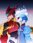  2boys absurdres android armor black_eyes blonde_hair blue_eyes blue_helmet blue_robe buzzsaw_(6631455) cyber_elf_x_(mega_man) detached_wings forehead_jewel gradient_background halo helmet highres long_hair looking_to_the_side male_focus mega_man_(series) mega_man_zero_(series) multiple_boys red_armor red_helmet robe upper_body wings x_(mega_man) zero(z)_(mega_man) zero_(mega_man) 