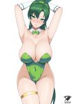  1girl arms_up bow bowtie breasts cleavage closed_mouth commentary curvy fire_emblem fire_emblem:_the_blazing_blade green_bow green_bowtie green_eyes green_hair green_hairband green_leotard hairband high_ponytail highleg highleg_leotard highres kaos_art large_breasts leotard lyn_(fire_emblem) solo thighlet thighs wide_hips 