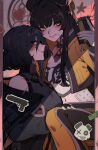  2girls absurdres black_hair black_survival blush cellphone closed_mouth eternal_return:_black_survival fingerless_gloves flying-frappuccino gloves green_eyes green_nails hand_on_another&#039;s_thigh highres holding holding_phone li_dailin long_hair long_sleeves multiple_girls orange_nails parted_lips phone rozzi_(black_survival) shirt short_hair sleeveless sleeveless_shirt smartphone smile yellow_eyes 