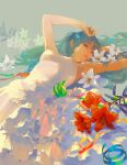  1girl aqua_hair armpits arms_up bare_arms bare_shoulders blue_eyes blue_hair breasts closed_mouth dress expressionless flower frilled_dress frills grey_background hair_between_eyes hatsune_miku highres leaf lily_(flower) lips long_hair looking_at_viewer lying medium_breasts on_back orange_flower ribbon sleeveless sleeveless_dress solo strapless strapless_dress tensen_men vocaloid white_dress white_flower 